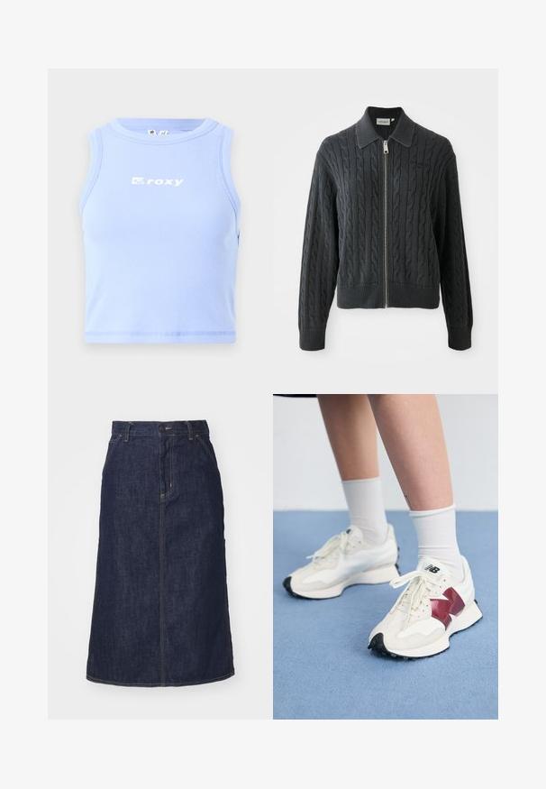 Sudadera con cremallera de color gris oscuro, con un patrón de punto de cable, diseño con cuello y puños y dobladillo acanalados. Presenta un cierre de cremallera plateada.; Camiseta sin mangas de canalé azul claro con un escote redondo y el logo "roxy" en blanco en el pecho; diseño ajustado y longitud recortada.; Falda de mezclilla oscura con cintura alta, corte recto, bolsillos delanteros y costuras cosidas. Presenta un cierre de cremallera y botón en la cintura.; Un par de zapatillas blancas con acentos en color burdeos, paneles texturizados, suela negra plana y cordones claros, llevadas con calcetines blancos hasta el tobillo.
