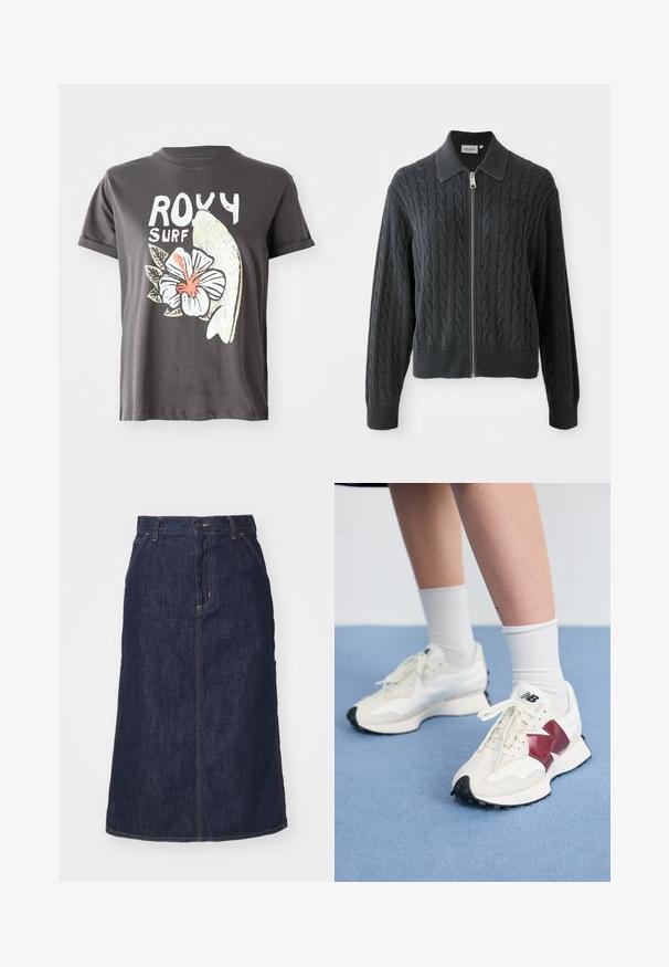 Dark gray zip-up sweater with a cable knit pattern, collared design, and ribbed cuffs and hem. Features a silver zipper closure.; Gray cotton t-shirt featuring a white graphic of a fish and a hibiscus flower with red details, short sleeves, and a crew neckline.; Dark denim skirt with a high waist, straight cut, front pockets, and stitched seams. Features a zip and button closure at the waist.; Pair of white sneakers with maroon accents, textured panels, flat black outsole, and light laces, worn with white ankle socks.