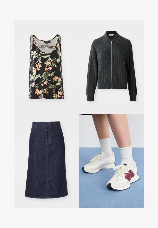 Dunkelgrauer Reißverschluss-Pullover mit einem Zopfmuster, kragenförmigem Design und gerippten Bündchen und Saum. Verfügt über einen silbernen Reißverschluss.; Schwarzes ärmelloses Tanktop mit floralem Muster aus rosa und orangefarbenen Blumen sowie grünen Blättern. Weicher Stoff mit lässiger Passform.; Dunkelblaue Jeansrock mit hoher Taille, geradem Schnitt, aufgesetzten Taschen und genähten Nähten. Mit einem Reißverschluss und einem Knopfverschluss an der Taille.; Ein Paar weiße Sneakers mit kastanienbraunen Akzenten, strukturierten Paneelen, flacher schwarzer Außensohle und hellen Schnürsenkeln, getragen mit weißen Knöchelsocken.