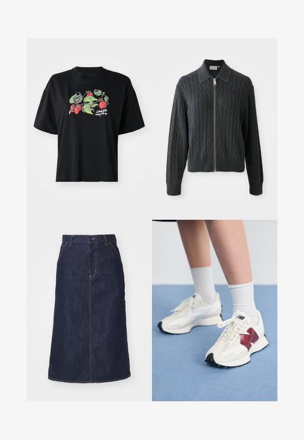 Sudadera con cremallera de color gris oscuro, con un patrón de punto de cable, diseño con cuello y puños y dobladillo acanalados. Presenta un cierre de cremallera plateada.; Camiseta negra de manga corta con un gráfico colorido de frutas y hojas en la parte frontal, con el texto impreso "Cargart WIP Cream of the crop."; Falda de mezclilla oscura con cintura alta, corte recto, bolsillos delanteros y costuras cosidas. Presenta un cierre de cremallera y botón en la cintura.; Un par de zapatillas blancas con acentos en color burdeos, paneles texturizados, suela negra plana y cordones claros, llevadas con calcetines blancos hasta el tobillo.