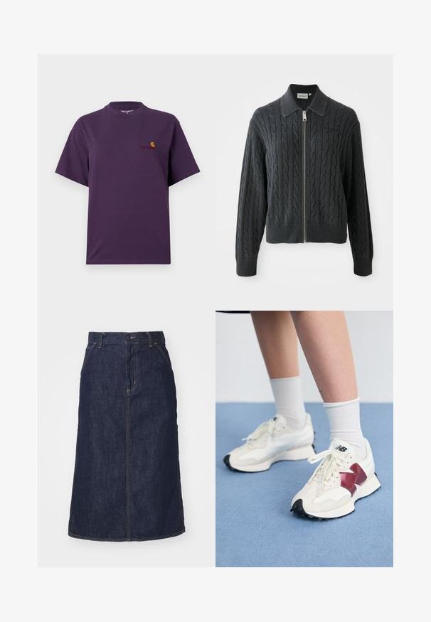 Donkergrijze ritssweater met een kabelpatroon, kraagontwerp en gebreide manchetten en zoom. Voorzien van een zilveren ritssluiting.; Paarse katoenen T-shirt met een ronde halslijn en korte mouwen. Bevat een klein logo in oranje en rood op de linkerborst.; Donkere spijkerrok met een hoge taille, recht gesneden, voorzakken en gestikte naden. Voorzien van een rits en knoopsluiting op de taille.; Een paar witte sneakers met bordeauxrode accenten, getextureerde panelen, een platte zwarte buitenzool en lichte veters, gedragen met witte enkelsokken.