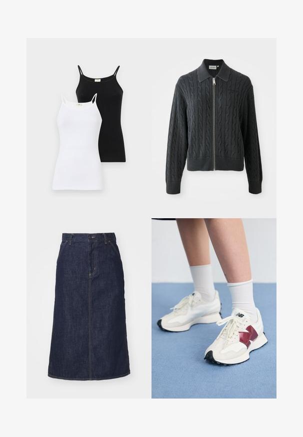 Tumši pelēks jaku ar rāvējslēdzēju, ar kabelveida adījumu, apkakles dizainu un ribotiem piedurknēm un apakšmalu. Iespēja ar sudraba rāvējslēdzēja aizdari.; Divi topi melnā un baltā krāsā, ar plāniem spageti pleciem, pieguļošs dizains, izgatavoti no gludas kokvilnas auduma.; Tumša zila džinsu svārku ar augstu jostasvietu, taisnu piegriezumu, priekšējām kabatām un šuvēm. Iekļauta rāvējslēdzēja un pogas aizdare jostasvietā.; Balti sporta apavi ar tumši sarkaniem akcentiem, teksturētām detaļām, plakanu melnu zoli un gaišajām šņorēm, valkāti ar baltām potīšu zeķēm.