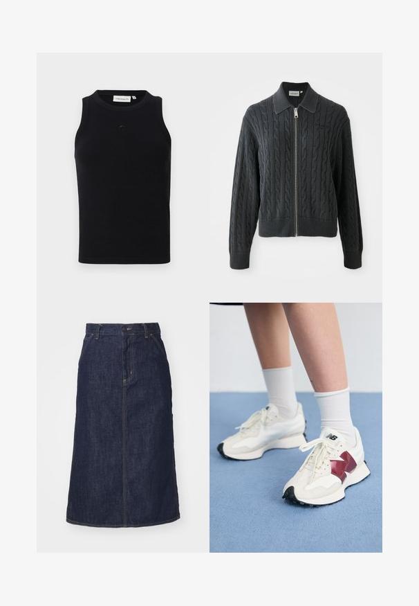Σκούρο γκρι ζακέτα με φερμουάρ και σχέδιο πλέξης καρέ, με γιακά και ραμμένα μανίκια και στρίφωμα. Διαθέτει κλείσιμο με ασημένο φερμουάρ.; Μαύρο αμάνικο μπλουζάκι από ριμπ ύφασμα, με στρογγυλή λαιμόκοψη και μικρό λογότυπο στο μπροστινό μέρος. Απλός, εφαρμοστός σχεδιασμός.; Σκούρα τζιν φούστα με ψηλή μέση, ίσια γραμμή, μπροστινές τσέπες και ραμμένες ραφές. Διαθέτει φερμουάρ και κουμπί στην μέση.; Ζευγάρι λευκών αθλητικών παπουτσιών με μπορντό λεπτομέρειες, υφασμάτινες πάνελ, επίπεδη μαύρη σόλα και ανοιχτόχρωμες κορδόνες, φορεμένα με λευκές κάλτσες μέχρι τον αστράγαλο.