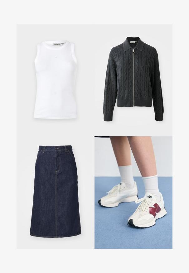 Dark gray zip-up sweater with a cable knit pattern, collared design, and ribbed cuffs and hem. Features a silver zipper closure.; White sleeveless tank top made of ribbed fabric. Features a round neckline and a small logo on the front center. Simple design.; Dark denim skirt with a high waist, straight cut, front pockets, and stitched seams. Features a zip and button closure at the waist.; Pair of white sneakers with maroon accents, textured panels, flat black outsole, and light laces, worn with white ankle socks.