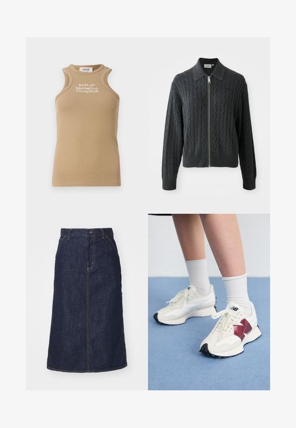 Sötét szürke cipzáros pulóver, gabalyos kötésmintával, galléros kivitelben, bordázott mandzsetta- és alsó szegéllyel. Ezüst cipzáras záródással rendelkezik.; Barna bordázott ujjatlan top, kerek nyakkivágással és széles vállpántokkal. Elöl fehér "REPLAY MonteCarlo Country Club" hímzés található.; Sötét farmer szoknya magas derékkal, egyenes szabással, elülső zsebekkel és varrott varrásokkal. A deréknál cipzáros és gombos záródással rendelkezik.; Fehér sneaker pár, bordó kiegészítőkkel, texturált panelekkel, lapos fekete talppal és világos fűzőkkel, fehér bokazoknival viselve.