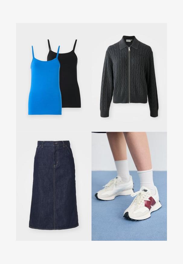 Mørkegrå hettejakke med glidelås og kabelstrikk mønster, krage-design og ribbede mansjetter og kant. Har en sølv glidelås lukking.; Kottontanker i blått og svart. Begge har tynne stropper og en tettsittende design. Den blå toppen har en glatt tekstur, mens den svarte toppen er ensfarget.; Mørk denimskjørt med høy midje, rett snitt, frontlommer og sømmer. Har glidelås og knappeåpning i midjen.; Par med hvite joggesko med bordeaux detaljer, teksturerte paneler, flat svart yttersåle og lette snøringer, iført hvite ankelstrømper.