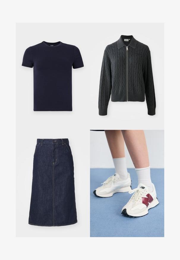 Tmavohnedý svetrový kabát so zipsom, s vzorom z pletených šnurovačiek, golierom a rebrovanými manžetami a lemom. Obsahuje strieborný zips.; Námornícky modré tričko s okrúhlym výstrihom vyrobené z hladkej bavlnenej tkaniny, s krátkymi rukávmi a bežným strihom. Jednoduchý, bezšvový dizajn bez vzorov.; Tmavé džínsové sukne s vysokým pásom, rovný strih, predné vrecká a prešitými švami. Obsahuje zips a gombík na uzatvorenie v páse.; Pár bielych tenisiek s bordovými akcentmi, štruktúrovanými panelmi, plochou čiernou podrážkou a svetlými šnúrkami, nosených s bielymi členkovými ponožkami.