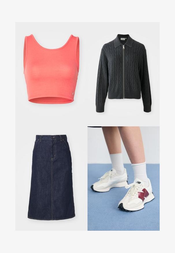 Sötét szürke cipzáros pulóver, gabalyos kötésmintával, galléros kivitelben, bordázott mandzsetta- és alsó szegéllyel. Ezüst cipzáras záródással rendelkezik.; Rózsaszín, cropped tank top texturált anyagból. Mélyen kivágott nyakkivágással és széles karöltőkkel rendelkezik, az alján egy kis logó díszítéssel.; Sötét farmer szoknya magas derékkal, egyenes szabással, elülső zsebekkel és varrott varrásokkal. A deréknál cipzáros és gombos záródással rendelkezik.; Fehér sneaker pár, bordó kiegészítőkkel, texturált panelekkel, lapos fekete talppal és világos fűzőkkel, fehér bokazoknival viselve.