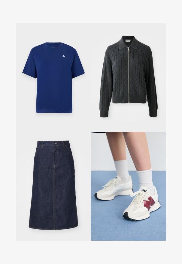 Tamnosivi pulover sa patentnim zatvaranjem, izrađen od pletiva u obliku kablova, s ovratnikom i rebrastim manžetama i donjim rubom. Ima srebrni patentni zatvarač.; Tamnoplava pamučna majica s kratkim rukavima, okruglim izrezom i bijelim Jumpman logotipom na prsima. Jednostavan, klasičan dizajn.; Tamni traper suknja s visokim strukom, ravnog kroja, prednjim džepovima i šavovima. Ima zatvarač i dugme na struku.; Par bijelih tenisica s maroon akcentima, teksturiranim panelima, ravnim crnim potplatom i svijetlim vezicama, nošene s bijelim čarapama do gležnjeva.