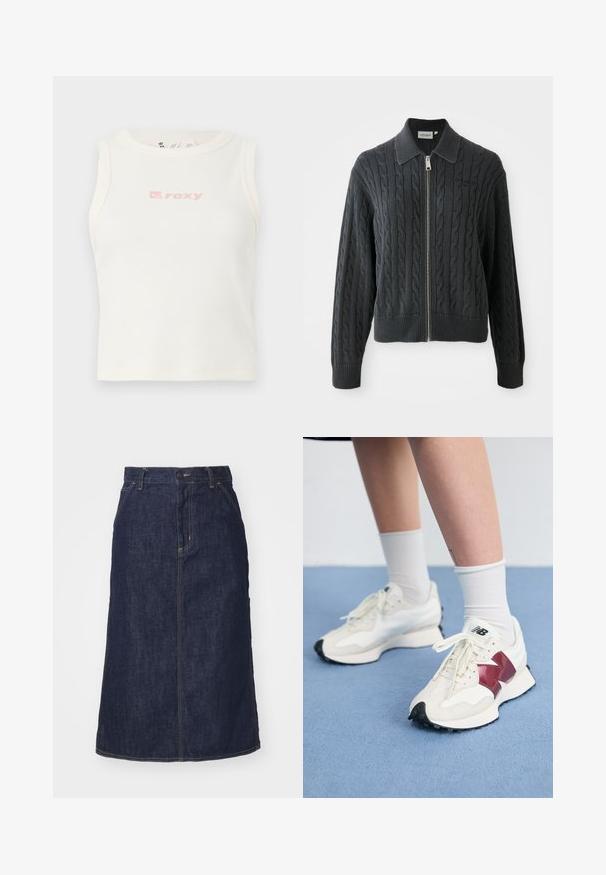 Sudadera con cremallera de color gris oscuro, con un patrón de punto de cable, diseño con cuello y puños y dobladillo acanalados. Presenta un cierre de cremallera plateada.; Top sin mangas de rayas blancas con cuello redondo y un pequeño logo rosa de "Roxy" en el pecho. Textura suave, diseño ajustado.; Falda de mezclilla oscura con cintura alta, corte recto, bolsillos delanteros y costuras cosidas. Presenta un cierre de cremallera y botón en la cintura.; Un par de zapatillas blancas con acentos en color burdeos, paneles texturizados, suela negra plana y cordones claros, llevadas con calcetines blancos hasta el tobillo.