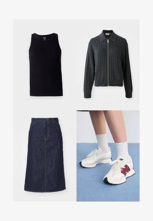 Donkergrijze ritssweater met een kabelpatroon, kraagontwerp en gebreide manchetten en zoom. Voorzien van een zilveren ritssluiting.; Zwarte geribbelde tanktop met een ronde halslijn en mouwloos ontwerp. Gemaakt van een zachte katoenmix, met een label op de achterkant in het midden.; Donkere spijkerrok met een hoge taille, recht gesneden, voorzakken en gestikte naden. Voorzien van een rits en knoopsluiting op de taille.; Een paar witte sneakers met bordeauxrode accenten, getextureerde panelen, een platte zwarte buitenzool en lichte veters, gedragen met witte enkelsokken.