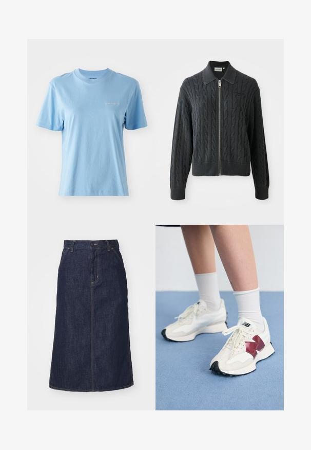 Tmavě šedá svetr na zip s kardanovým vzorem, límcovým designem a žebrovanými manžetami a spodním lemem. Obsahuje stříbrný zip.; Tričko s krátkým rukávem, kulatým výstřihem vyrobené z měkké bavlny v světle modré barvě, s malým bílým logem Carhartt na hrudi. Hladká textura.; Tmavě modrá džínová sukně s vysokým pasem, rovného střihu, předními kapsami a prošitými švy. Disponuje zipem a knoflíkem na zapínání v pase.; Pár bílých tenisek s vínovými akcenty, texturovanými panely, plochou černou podrážkou a světlými tkaničkami, nošené s bílými kotníkovými ponožkami.