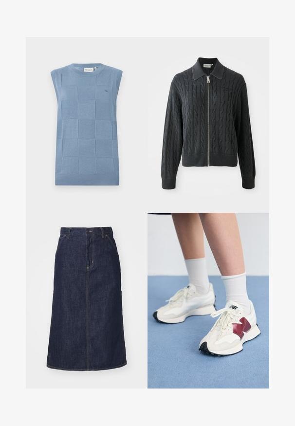 Tamsiai pilkas zip-up megztinis su pynimo raštu, apykaklės dizainu ir suspaustomis rankogaliais bei apatine dalimi. Yra sidabrinė užtrauktuko uždarymo sistema.; Šviesiai mėlynas be rankovių megztinis su tekstūruota tinklelio raštu, gipiūro apykakle ir apdaila, pagamintas iš minkštos mezginio medžiagos. Minimalus logotipo akcentas.; Tamsiai mėlynas džinsinis sijonas su aukštu liemeniu, tiesiu kirpimu, priekinėmis kišenėmis ir siūlėmis. Turi užtrauktuką ir sagą liemenyje.; Balti sportbačiai su bordo akcentais, tekstūriniais paviršiais, plokščiomis juodomis pado dalimis ir šviesiomis raišteliais, dėvimi su baltais kulkšnų ponoškais.