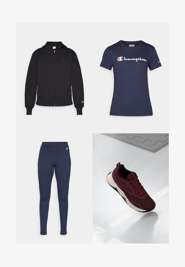 Fekete cipzáros kapucnis pulóver pamutkeverékből. Elülső cipzárral, kenguru zsebekkel, bordás mandzsettákkal és hímzett logóval a bal mellrészen rendelkezik.; Sötétkék pamut póló rövid ujjakkal, fehér "Champion" logóval. Normál szabású, kerek nyakkivágással és puha tapintással.; Tengerészkék leggings rugalmas anyagból, testhezálló kialakítással, sima derékpánttal és egy kis logóval a csípőn.; Bordó sportcipő hálós felsőrészével, fekete részletekkel és párnázott fehér talppal. Fűzős záródással és saroknál húzófüllel rendelkezik.