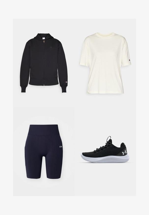 Hanorac negru cu fermoar, fabricat dintr-un amestec de bumbac. Dispune de un fermoar frontal, buzunare tip kangaroo, manșete ribbate și un logo brodat pe pieptul stâng.; Tricou scurt cu mânecă scurtă de culoare crem, realizat din bumbac moale, prezintă un guler rotund și un accent mic cu logo pe piept și pe mânecă.; Șorturi atletice bleumarin din material elastic, cu un talie largă, decupaje pentru picioare și o buzunar lateral cu detaliu logo.; Pantofi sport negri cu un upper din plasă respirabilă, detalii texturate și o talpă din cauciuc albă. Au șireturi plate și o bandă pentru a-i trage de pe călcâi.