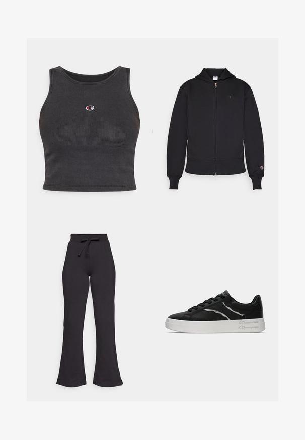 Black zip-up hoodie made of cotton blend. Features a front zipper, kangaroo pockets, ribbed cuffs, and embroidered logo on left chest.; Black ribbed crop top with a round neckline, featuring a small embroidered logo on the chest and a fitted design.; Black flared sweatpants made of soft fabric, featuring a drawstring waistband and smooth texture. Designed for comfort and ease of wear.; Black leather sneaker with white sole, featuring thin silver accents and lace-up design. Smooth texture with branded detailing on the heel.