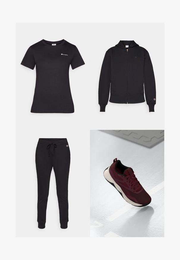 Black zip-up hoodie made of cotton blend. Features a front zipper, kangaroo pockets, ribbed cuffs, and embroidered logo on left chest.; Black short-sleeve t-shirt made of cotton, featuring a small embroidered logo on the chest. Classic crewneck design with a soft texture.; Black jogger pants made of soft fabric, featuring an adjustable drawstring waistband and ribbed cuffs for a snug fit. Logos on the side.; Maroon athletic shoe with mesh upper, black accents, and a cushioned white sole. Features lace-up closure and pull tab at the heel.