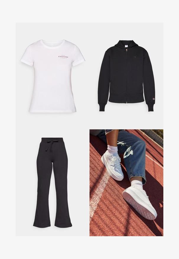 Crna zip-up dukserica izrađena od mješavine pamuka. Ima prednji zatvarač, kengurske džepove, rebraste manžete i izvezeni logotip na lijevoj strani prsiju.; Bijela pamučna majica s kratkim rukavima i okruglim izrezom. Na prednjoj strani nalazi se crveni natpis: "ONLY PLAY ATHLEISURE EST. ACTIVE LIFE 2006."; Crne široke trenirke od mekog materijala, s elastičnom trakom za vezanje u struku i glatkom teksturom. Dizajnirane za udobnost i lakoću nošenja.; Bijele kožne tenisice s perforiranim prstima, ravnim vezicama i gumiranim potplatom. Nosi se s bijelim čarapama i svijetloplavim trapericama, na crvenoj atletskoj stazi.