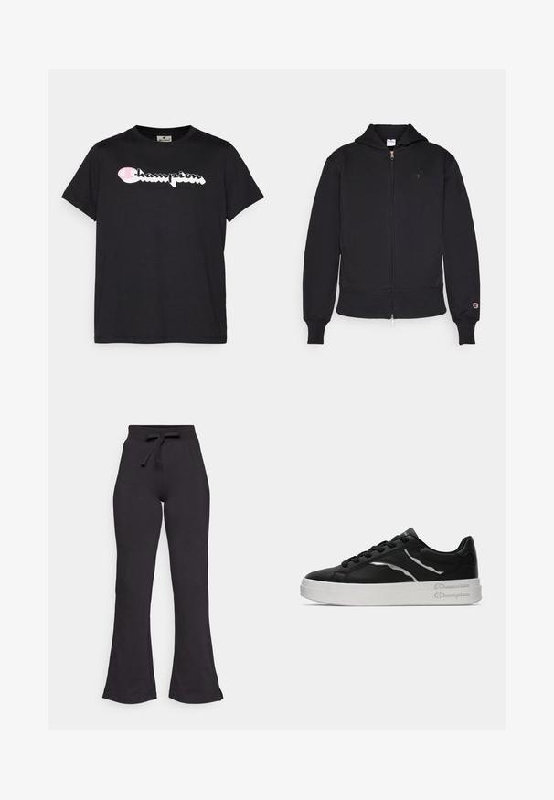 Black zip-up hoodie made of cotton blend. Features a front zipper, kangaroo pockets, ribbed cuffs, and embroidered logo on left chest.; Champion GRAPHIC CREWNECK - Print T-shirt - black; Black flared sweatpants made of soft fabric, featuring a drawstring waistband and smooth texture. Designed for comfort and ease of wear.; Black leather sneaker with white sole, featuring thin silver accents and lace-up design. Smooth texture with branded detailing on the heel.