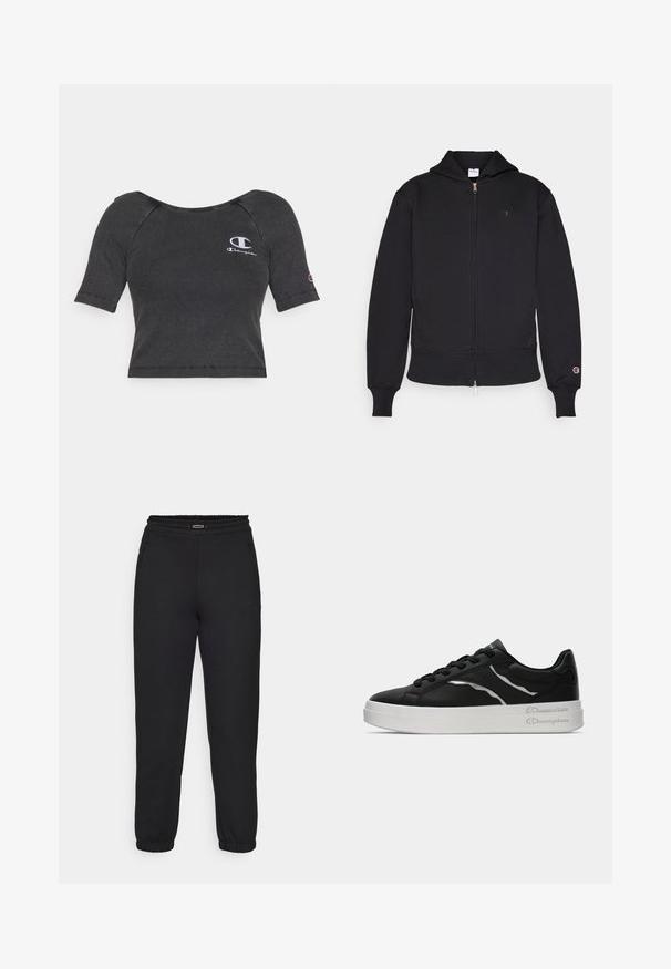 Juodas užtrauktuku užsegamas gobtuvas, pagamintas iš medvilnės mišinio. Yra priekinis užtrauktukas, kengūrinės kišenės, raibučiai rankogaliai ir išsiuvinėtas logotipas kairėje krūtinės pusėje.; Juoda raštuota trumpomis rankovėmis trumpa marškinėliai su apvaliu kaklu ir balta siuvinėta logotipu kairėje krūtinės pusėje ir ant rankovės.; Champion C-TECH CUFFED PANTS INTERLOCK - Treningo apatinė dalis - black; Juoda odinė sportinė avalynė su balta padu, turinti plonus sidabrinius akcentus ir raištelių dizainą. Lygus paviršius su prekės ženklo detalėmis ant kulno.