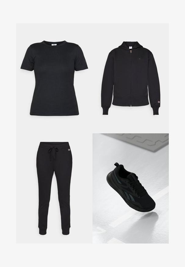 Mustat vetoketjuhupparit, jotka on valmistettu puuvillasekoitteesta. Ominaisuuksiin kuuluu etuvetoketju, kengurupocketit, ribatut hihansuut ja brodeerattu logo vasemmassa rinnassa.; Musta puuvillainen t-paita lyhyillä hihoilla, pyöreä kaula-aukko ja logopainatus hihassa. Sileä rakenne ja yksinkertainen, klassinen muotoilu.; Mustat juoksuhousut, jotka on valmistettu pehmeästä kankaasta. Niissä on säädettävä naruhihna vyötäröllä ja ribattu resori nilkoissa tiukan istuvuuden vuoksi. Sivussa on logoja.; Musta urheilukenkä, jossa on verkkokangas, ja siinä on tekstuuriakcentteja sekä tasainen pohjamuoto. Sisältää tonalisointibrändin ja vetolenkin kantapäässä.