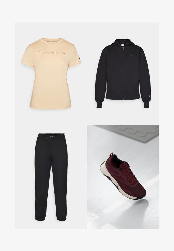 Black zip-up hoodie made of cotton blend. Features a front zipper, kangaroo pockets, ribbed cuffs, and embroidered logo on left chest.; Beige short-sleeve t-shirt made of soft cotton, featuring an embroidered "Champion" logo in light color across the chest and a small logo on the sleeve.; Champion C-TECH CUFFED PANTS INTERLOCK - Tracksuit bottoms - black; Maroon athletic shoe with mesh upper, black accents, and a cushioned white sole. Features lace-up closure and pull tab at the heel.