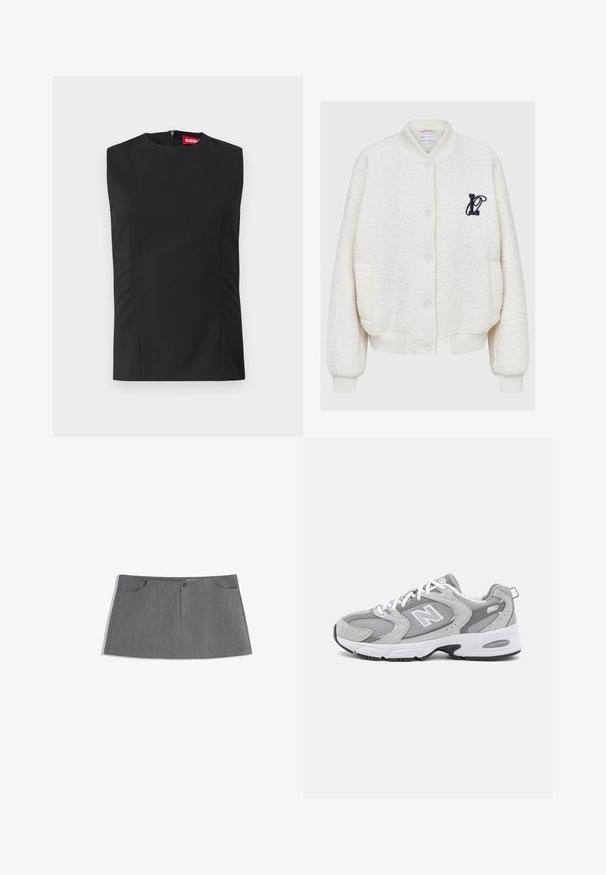 White fleece bomber jacket, featuring a round neck, front buttons, two side pockets, and a navy embroidered logo on the chest.; Black sleeveless top with high neckline, front darts, and an invisible back zipper. Made of smooth fabric with a structured fit.; Gray skirt featuring a straight cut, two front pockets, a front button closure, and a subtle texture pattern.; Grey athletic shoes with a mesh and suede upper, white laces, and a black outsole. Features a prominent "N" logo and padded collar.