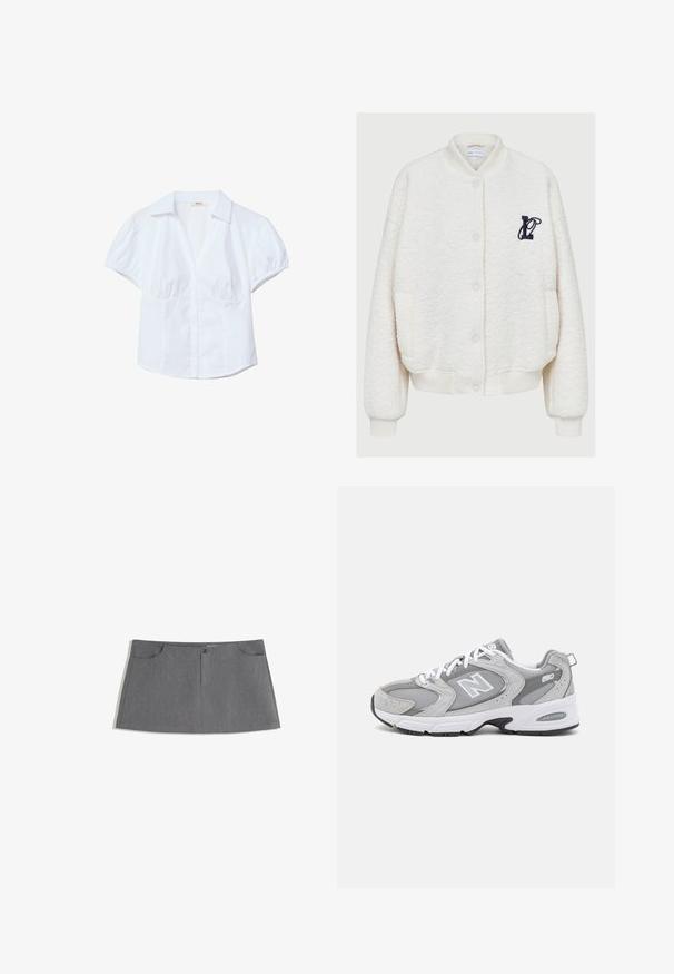 Hvid fleece bomberjakke med rund hals, frontknapper, to sidelommer og et marineblåt broderet logo på brystet.; Hvid kortærmet skjorte med struktureret krave, bluser med pufærmer og frontlukning med knapper. Har rynket stof ved brystet.; Grå nederdel med lige snit, to forlommer, frontlukning med knap og et subtilt mønster.; Grå sportssko med en overdel i mesh og ruskind, hvide snørebånd og en sort ydersål. Har et fremtrædende "N"-logo og polstret krave.