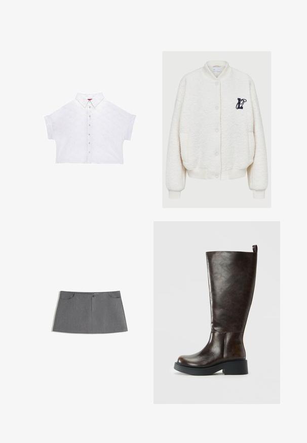 Witte fleece bomberjack, met een ronde hals, voorknopen, twee zijzakken en een marineblauw geborduurd logo op de borst.; Witte cropped shirt met een puntkraag, voorzien van bloemenborduursels en een knoopsluiting aan de voorkant. Korte mouwen met een relaxed fit.; Grijze rok met een rechte snit, twee vo pockets, een knoopsluiting aan de voorkant en een subtiel textuurpatroon.; Donkerbruine leren kniehoog laars met een ronde neus, stevige zwarte zool, lage blokhak en een trekknoop aan de bovenkant achter.