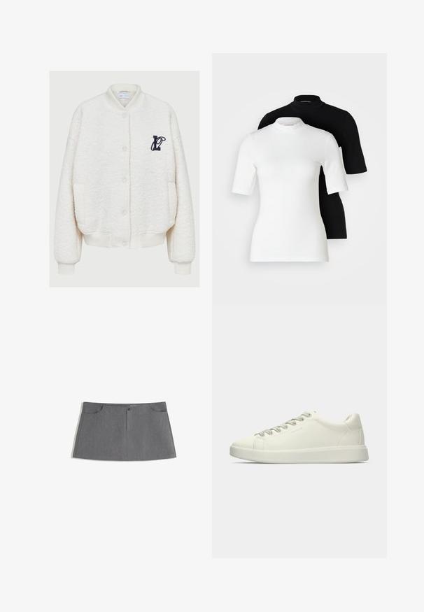 Valkoinen fleece-tikkuhaalari, jossa on pyöreä kaulus, edessä napit, kaksi sivutaskua ja tummansininen brodeerattu logo rinnassa.; Kaksi lyhythihaista poolopaitaa: yksi valkoinen ja yksi musta. Molemmat on valmistettu sileästä, joustavasta kankaasta, jossa on lähellä vartaloa olevat siluetit ja pyöreät kaulat.; Harmaa hame, jossa on suora leikkaus, kaksi etutaskua, etupainike ja hienovarainen tekstuurikuvio.; Valkoinen matala nahkakenkä nauhaketjulla ja litteällä kumipohjalla, kuvattuna sivulta yksinkertaisella taustalla.