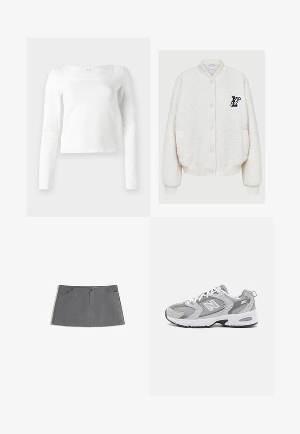 Witte fleece bomberjack, met een ronde hals, voorknopen, twee zijzakken en een marineblauw geborduurd logo op de borst.; Witte, lang-sleeve, getailleerde top met een vierkante halslijn en een iets verkorte lengte, gepresenteerd tegen een witte achtergrond.; Grijze rok met een rechte snit, twee vo pockets, een knoopsluiting aan de voorkant en een subtiel textuurpatroon.; Grijze sportieve schoenen met een bovenwerk van mesh en suede, witte veters en een zwarte buitenzool. Voorzien van een opvallend "N"-logo en een gevoerde kraag.