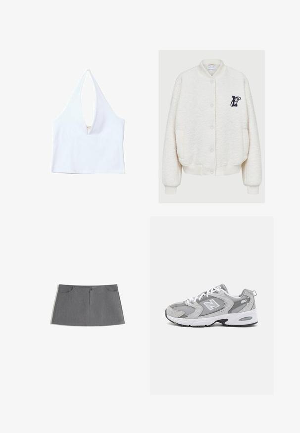 Biały bomber z polaru, z okrągłym dekoltem, z przodu na guziki, z dwiema bocznymi kieszeniami i granatowym haftowanym logo na piersi.; Biały top na ramiączkach z głębokim dekoltem w kształcie litery V, prążkowaną teksturą i prostym dołem. Prosty design bez dodatkowego sprzętu czy wzorów.; Szara spódnica o prostym kroju, z dwiema przednimi kieszeniami, z zapinaniem na guziki z przodu oraz delikatnym wzorem tekstury.; Szare buty sportowe z siateczkową i zamszową cholewą, białymi sznurówkami i czarną podeszwą. Posiadają wyraźne logo "N" oraz wyściełany kołnierz.