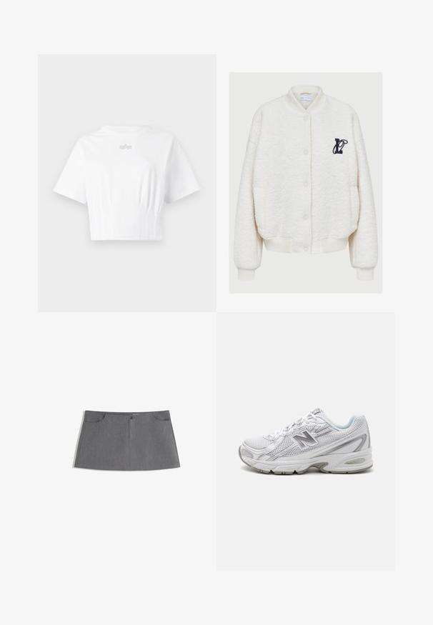 Bílá fleecová bombera, která má kulatý výstřih, přední knoflíky, dvě postranní kapsy a námořnické vyšívané logo na hrudi.; Bílý zkrácený tričko vyrobené z měkkého materiálu, s krátkými rukávy, kulatým výstřihem a diskrétním stříbrným logem na hrudi.; Šedá sukně s rovnými liniemi, dvěma předními kapsami, zapínáním na knoflíky vpředu a jemným texturálním vzorem.; Bílé sportovní boty s síťovaným svrškem, reflexními akcenty a polstrovanou podrážkou. Má zaoblenou špičku a systém šněrování pro bezpečné uchycení.