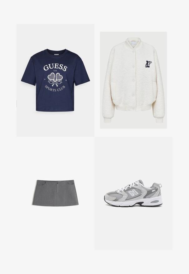 White fleece bomber jacket, featuring a round neck, front buttons, two side pockets, and a navy embroidered logo on the chest.; Navy cotton t-shirt with short sleeves, round neck, and white "GUESS L.A. SPORTS CLUB" graphic featuring two tennis rackets.; Gray skirt featuring a straight cut, two front pockets, a front button closure, and a subtle texture pattern.; Grey athletic shoes with a mesh and suede upper, white laces, and a black outsole. Features a prominent "N" logo and padded collar.