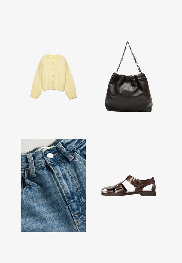 Keltainen, pörröinen neuletakki, jossa on pyöreä kaula-aukko, pitkät hihat ja lyhyt malli. Edessä on kuusi pyöreää nappia. Pehmeä rakenne.; Valkoinen lyhythihainen T-paita, joka on tehty puuvillasta. Siinä on pyöreä kaula-aukko ja rento malli. Silkkinen pinta ilman näkyviä kuvioita tai koristeita.; Farkut ovat vaaleansiniset ja niissä on kulutustekniikkana käytettyjä viivästysyksityiskohtia. Vyötäröllä on metallinen nappi ja saumoissa on näkyvää ommelta.; Ruske nahkale sandale s izrezanim dizajnom, prilagodljivo sponko na strani in ravnim podplatom, z metalnimi detajli in odprtimi prsti.; Ruskea nahkainen laukku, jossa on kerätty yläosa ja ketjuhihna. Tasainen pinta, jossa kiiltävä viimeistely ja hienovaraiset sauman yksityiskohdat sivuilla.