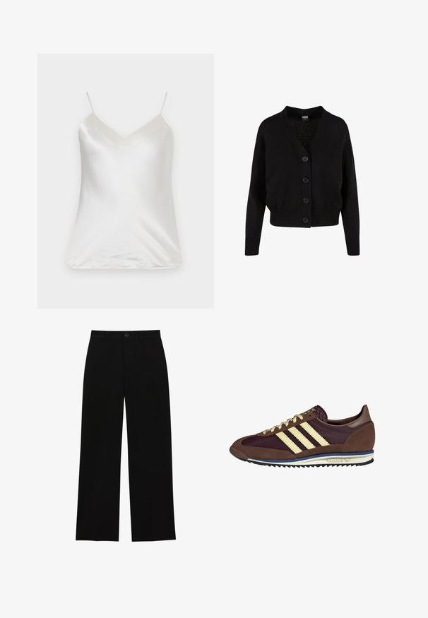 Black knit cardigan with a v-neck, five front buttons, ribbed hem and cuffs, and cropped design. Soft texture with a casual style.; Paul & Joe VBOTANIC - Blouse - ecru; Black, high-waisted, wide-leg trousers made of a smooth fabric, featuring a flat front, button closure, and no visible pockets.; Brown and burgundy sneaker with suede and mesh materials, featuring three cream stripes, textured fabric on the tongue, and a rubber sole.