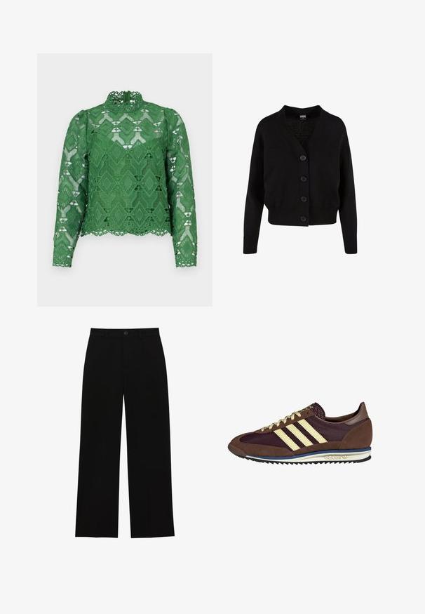 Črna pletena jopica z V-izrezom, petimi sprednjimi gumbi, rebrastim robom in manšetami ter skrajšanim dizajnom. Mehka tekstura s sproščenim slogom.; Zelena čipkasta majica z dolgimi rokavi, visokim ovratnikom in tkanino z diamantskim vzorcem. Podroben valovit rob in zapleteno izrezljan dizajn.; Črne hlače z visokim pasom in širokimi nogavicami, izdelane iz gladkega materiala, z ravnim sprednjim delom, zapiranjem na gumb in brez vidnih žepov.; Rjavi in rdeče-burgundske teniske iz usnja in mrežastega materiala, ki imajo tri smetane stripe, teksturirano blago na jeziku in gumijast podplat.