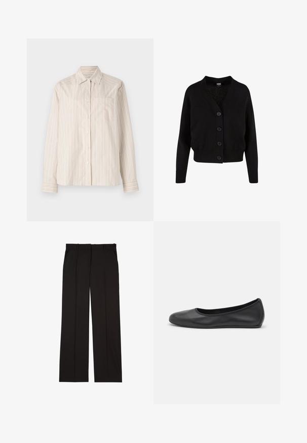 Černý pletený kardigan s výstřihem do V, pěti předními knoflíky, žebrovaným lemem a manžetami a zkráceným střihem. Měkká textura s ležérním stylem.; Dlouhý rukáv košile v světle béžové barvě s vertikálními pruhy v krémové a světlé oranžové. Obsahuje límec a jedno náprsní kapsu.; Černé elegantní kalhoty na míru vyrobené z hladké látky, s rovnými nohavicemi a dvěma postranními kapsami. Elegantní a minimalistická konstrukce.; Černé kožené baletní byty s kulatou špičkou, hladkou texturou, minimálními švy a flexibilním designem podrážky.