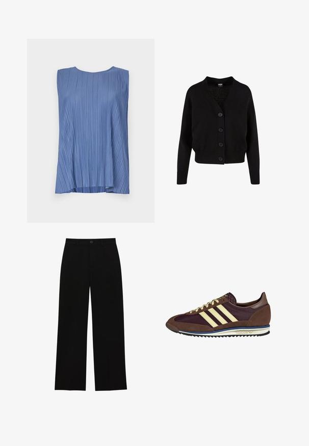 Schwarze Strickjacke mit V-Ausschnitt, fünf vorderen Knöpfen, geripptem Saum und Bündchen sowie verkürztem Design. Weicher Stoff mit lässigem Stil.; Ärmelloses blaues Top aus plissiertem Stoff, mit rundem Ausschnitt und lockerer Passform, mit vertikalen Linien, die texturgebend wirken.; Schwarze, hochtaillierte, weit geschnittene Hosen aus glattem Material, mit flacher Vorderseite, Knopfverschluss und ohne sichtbare Taschen.; Braune und burgunderfarbene Sneaker aus Wildleder und Mesh-Materialien, mit drei cremefarbenen Streifen, strukturiertem Stoff an der Zunge und einer Gummisohle.