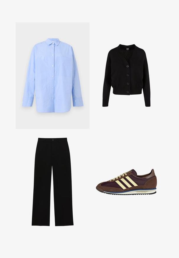 Black knit cardigan with a v-neck, five front buttons, ribbed hem and cuffs, and cropped design. Soft texture with a casual style.; Light blue button-up shirt with vertical stripes, a chest pocket featuring a diagonal stripe pattern, and cuff details with contrasting stripes.; Black, high-waisted, wide-leg trousers made of a smooth fabric, featuring a flat front, button closure, and no visible pockets.; Brown and burgundy sneaker with suede and mesh materials, featuring three cream stripes, textured fabric on the tongue, and a rubber sole.