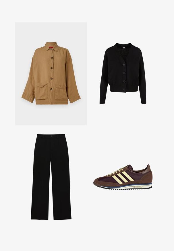 Czarny dzianinowy kardigan z dekoltem w serek, pięcioma guzikami z przodu, ściągaczem u dołu i przy mankietach oraz skróconym fasonem. Miękka faktura w swobodnym stylu.; Brązowa, zapinana na guziki koszula wykonana z lekkiego materiału. Posiada kołnierzyk, dwie przednie kieszenie oraz długie rękawy z mankietami.; Czarne, wysokie na talii spodnie o szerokich nogawkach, wykonane z gładkiego materiału, z płaskim przodem, zapięciem na guzik i bez widocznych kieszeni.; Brązowe i burgundowe sneakersy wykonane z zamszu i siateczkowych materiałów, z trzema kremowymi paskami, teksturowanym materiałem na języku i gumową podeszwą.