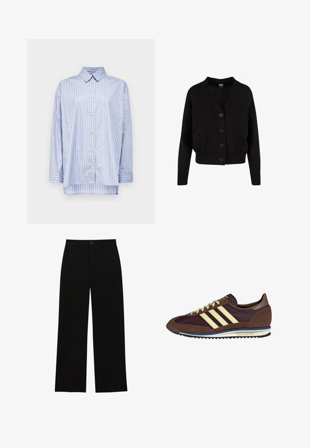 Schwarze Strickjacke mit V-Ausschnitt, fünf vorderen Knöpfen, geripptem Saum und Bündchen sowie verkürztem Design. Weicher Stoff mit lässigem Stil.; Won Hundred Hemdbluse - blue/red; Schwarze, hochtaillierte, weit geschnittene Hosen aus glattem Material, mit flacher Vorderseite, Knopfverschluss und ohne sichtbare Taschen.; Braune und burgunderfarbene Sneaker aus Wildleder und Mesh-Materialien, mit drei cremefarbenen Streifen, strukturiertem Stoff an der Zunge und einer Gummisohle.