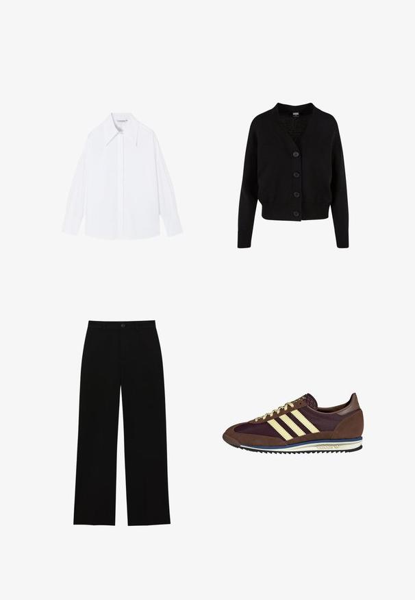 Schwarze Strickjacke mit V-Ausschnitt, fünf vorderen Knöpfen, geripptem Saum und Bündchen sowie verkürztem Design. Weicher Stoff mit lässigem Stil.; Weißes, langärmeliges Hemd aus glatter Stoffqualität. Verfügt über einen großen Kragen, eine Knopfverschlüsse und breite Ärmel mit einem lockeren Schnitt.; Schwarze, hochtaillierte, weit geschnittene Hosen aus glattem Material, mit flacher Vorderseite, Knopfverschluss und ohne sichtbare Taschen.; Braune und burgunderfarbene Sneaker aus Wildleder und Mesh-Materialien, mit drei cremefarbenen Streifen, strukturiertem Stoff an der Zunge und einer Gummisohle.