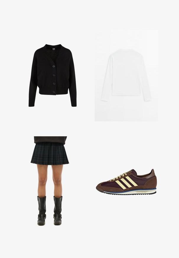 Czarny dzianinowy kardigan z dekoltem w serek, pięcioma guzikami z przodu, ściągaczem u dołu i przy mankietach oraz skróconym fasonem. Miękka faktura w swobodnym stylu.; Gładka, biała, długosleeve koszula, okrągły dekolt, pokazana od tyłu, leżąca na białym tle.; Czarna spódnica w kratę z plisem, zestawiona z czarnymi skórzanymi botkami do kolan, ozdobionymi klamrami i gładką fakturą.; Brązowe i burgundowe sneakersy wykonane z zamszu i siateczkowych materiałów, z trzema kremowymi paskami, teksturowanym materiałem na języku i gumową podeszwą.
