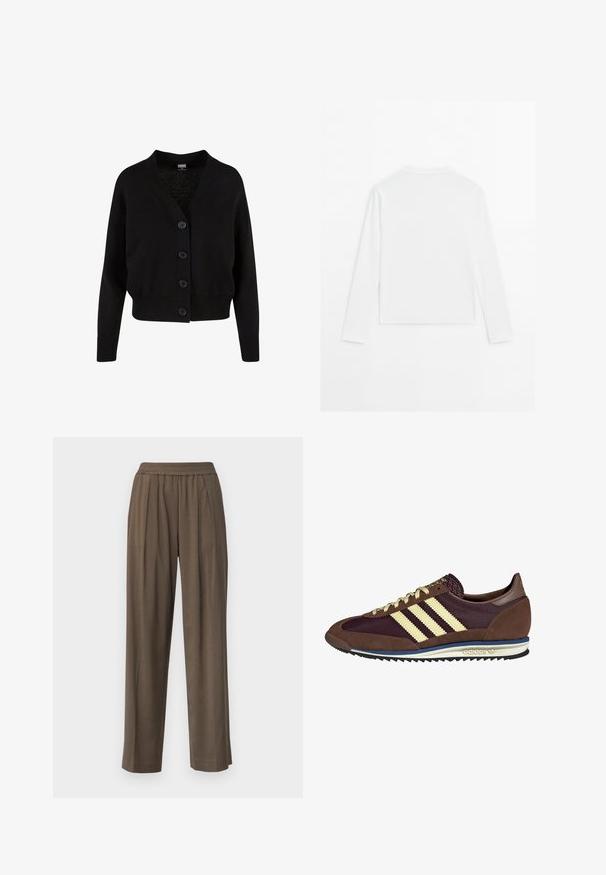 Schwarze Strickjacke mit V-Ausschnitt, fünf vorderen Knöpfen, geripptem Saum und Bündchen sowie verkürztem Design. Weicher Stoff mit lässigem Stil.; Schlichtes weißes Langarmshirt mit Rundhalsausschnitt, von hinten gezeigt, flach auf einem weißen Hintergrund ausgelegt.; Braune, weit geschnittene Hosen mit elastischem Bund und Vorderfalten, aus einem glatten Stoff gefertigt, der einen lässigen Sitz bietet.; Braune und burgunderfarbene Sneaker aus Wildleder und Mesh-Materialien, mit drei cremefarbenen Streifen, strukturiertem Stoff an der Zunge und einer Gummisohle.
