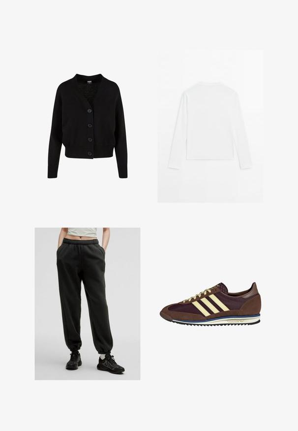 Zwarte gebreide cardigan met een V-hals, vijf knopen aan de voorkant, geribde zoom en manchetten, en een kort ontwerp. Zachte textuur met een casual stijl.; Effen witte langslopende shirt met lange mouwen, ronde hals, van achteren weergegeven, plat gelegd op een witte achtergrond.; Zwarte sweatpants met een trekkoord, zijzakken en elastische boorden. Zacht materiaal met een relaxte pasvorm, gecombineerd met gestructureerde zwarte sneakers.; Bruine en bordeauxkleurige sneaker van suede en mesh materiaal, met drie crèmekleurige strepen, een gemêleerd stof op de tong en een rubberen zool.
