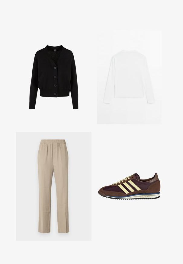Zwarte gebreide cardigan met een V-hals, vijf knopen aan de voorkant, geribde zoom en manchetten, en een kort ontwerp. Zachte textuur met een casual stijl.; Effen witte langslopende shirt met lange mouwen, ronde hals, van achteren weergegeven, plat gelegd op een witte achtergrond.; Beige, lichtgewicht broeken met een elastische tailleband, rechte pijpen, zachte textuur en subtiele plooien. Geen zichtbare zakken.; Bruine en bordeauxkleurige sneaker van suede en mesh materiaal, met drie crèmekleurige strepen, een gemêleerd stof op de tong en een rubberen zool.