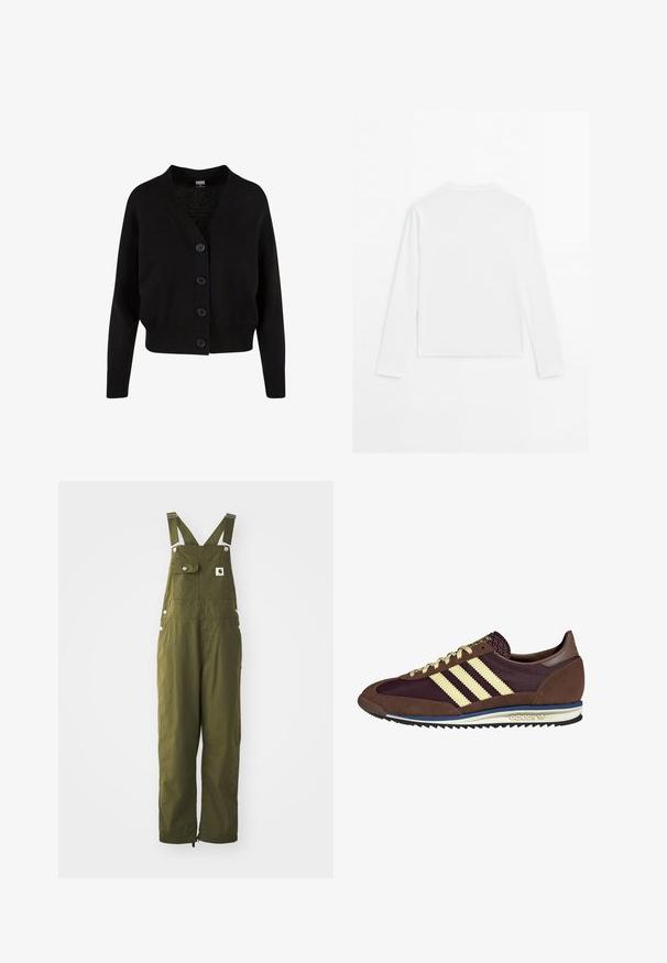 Schwarze Strickjacke mit V-Ausschnitt, fünf vorderen Knöpfen, geripptem Saum und Bündchen sowie verkürztem Design. Weicher Stoff mit lässigem Stil.; Schlichtes weißes Langarmshirt mit Rundhalsausschnitt, von hinten gezeigt, flach auf einem weißen Hintergrund ausgelegt.; Olivgrüne Baumwoll-Latzhose mit verstellbaren Trägern, Fronttasche, Druckknöpfen und lockerem Schnitt. Mit Elastikverstellern an den Knöchelabschlüssen.; Braune und burgunderfarbene Sneaker aus Wildleder und Mesh-Materialien, mit drei cremefarbenen Streifen, strukturiertem Stoff an der Zunge und einer Gummisohle.