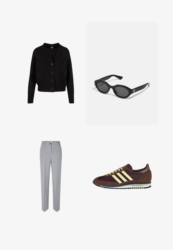 Schwarze Strickjacke mit V-Ausschnitt, fünf vorderen Knöpfen, geripptem Saum und Bündchen sowie verkürztem Design. Weicher Stoff mit lässigem Stil.; Schlichtes weißes Langarmshirt mit Rundhalsausschnitt, von hinten gezeigt, flach auf einem weißen Hintergrund ausgelegt.; Grau maßgeschneiderte Hose mit geradem Bein, aus einem glatten Stoff gefertigt. Verfügt über einen vorderen Knopfverschluss und zwei vordere Taschen.; Braune und burgunderfarbene Sneaker aus Wildleder und Mesh-Materialien, mit drei cremefarbenen Streifen, strukturiertem Stoff an der Zunge und einer Gummisohle.; Schwarze ovale Sonnenbrille mit dunklen Gläsern und glänzendem Kunststoffrahmen. Mit goldenem Logo am Bügel, das ein elegantes und modernes Design bietet.