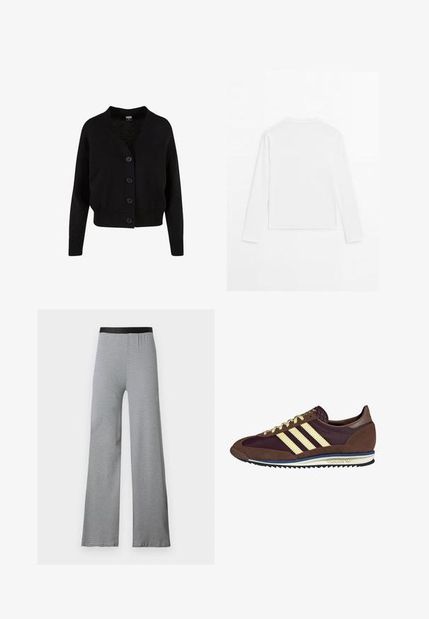 Zwarte gebreide cardigan met een V-hals, vijf knopen aan de voorkant, geribde zoom en manchetten, en een kort ontwerp. Zachte textuur met een casual stijl.; Effen witte langslopende shirt met lange mouwen, ronde hals, van achteren weergegeven, plat gelegd op een witte achtergrond.; Zwart-wit gestreepte flared broek met een soepel elastische tailleband. Lichtgewicht stof, met een horizontaal patroon over de gehele lengte.; Bruine en bordeauxkleurige sneaker van suede en mesh materiaal, met drie crèmekleurige strepen, een gemêleerd stof op de tong en een rubberen zool.